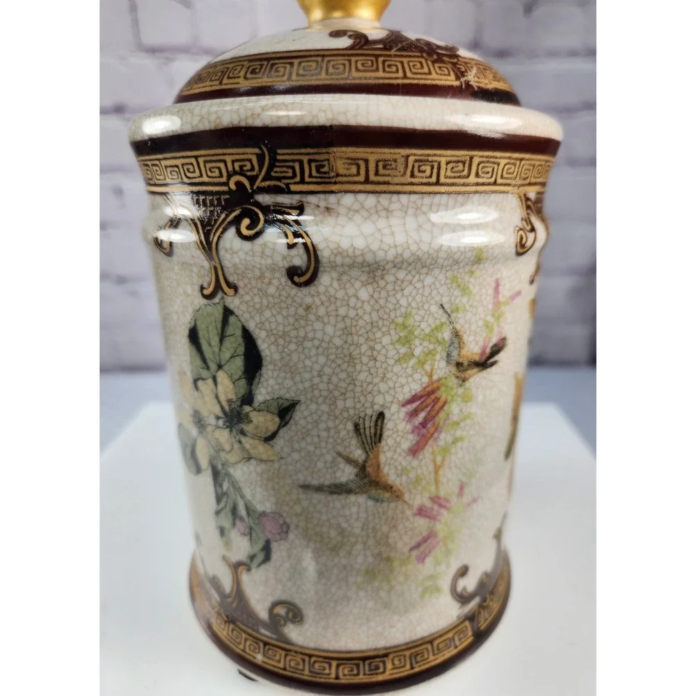Vintage Japanese Satsuma Ware Hand Painted Fruit Pears Hummingbirds